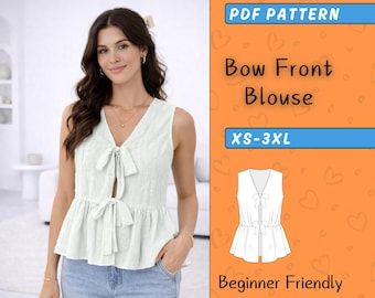 Ruffle Front Tie Top Sewing Pattern | Sleeveless V Neck Peplum Blouse | Easy Women Diy PDF Digital Download | Sizes XS-XXXL