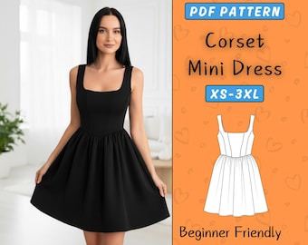 Corset Mini Dress Pattern PDF, Bustier Evening Sewing Pattern | Women’s Graduation & Prom Short Dress With Square Neck, XS - XXXL