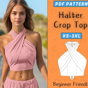 Puede incluir: Un top corto halter rosa con un diseño cruzado. La imagen incluye el texto "PDF PATTERN", "Halter Crop Top" y "XS-3XL". El diseño se describe como "Beginner Friendly".