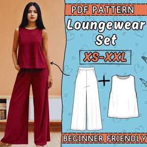 Loungewear Set PDF Sewing Pattern, tank top + Wide Leg Pants pattern, Lounge Set Easy Beginner Sewing Patterns for Women | Instant Download