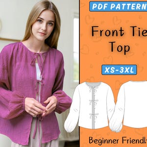 Tie front top pattern | Women Front Tie Blouse PDF Sewing Pattern | XS-3XL | Summer Puffed Long sleeve top, Beginner friendly Shirt pattern