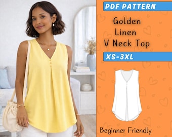 Linen Blouse Sewing Pattern, Women V Neck Top Pdf, Easy Sleeveless Loose Fit Summer Shirt, Sizes XS-XXXL, Beginner Friendly DIY Tutorial