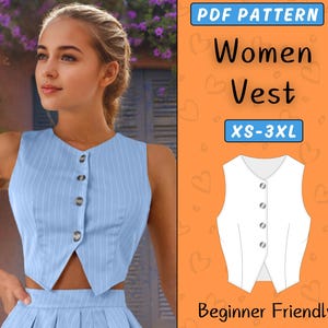 Vest Sewing Pattern, Women Waistcoat Sewing Pattern, XS-3XL, Button Top Sewing Vest, Trendy Easy Classic Crop Top, Beginner Women Pattern