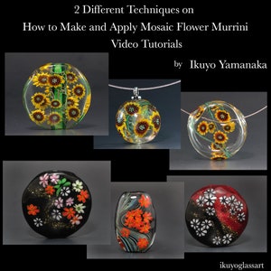 Puede incluir: Seis cuentas de vidrio con diseños de flores en mosaico. Las cuentas son de vidrio transparente con varios colores de flores, incluyendo amarillo, rojo, blanco y negro. Las cuentas están dispuestas en un patrón de cuadrícula sobre un fondo negro.