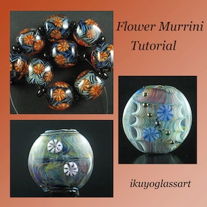 May include: A close-up of a glass bead with a flower pattern. The bead is clear and has a blue, white, and gold design. The bead is surrounded by a black background. The text "Flower Murrini Tutorial" is visible in the image. The text "ikuyoglassart" is also visible in the image.
