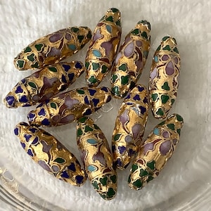 Vintage 27x9mm OVAL GOLD Cloisonne Enameled Beads with Pink Flowers and blue, green, turquoise, and red accents.  Vintage 1990s Tucson