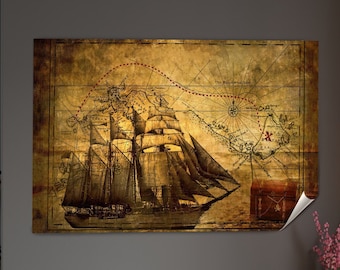 Vintage pirater skattkarta tryck: Canvas- eller glasväggkonst
