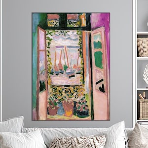 May include: A colourful framed painting shows an open window with a view of a harbour and sailboats. The artwork uses pink, green, blue, and yellow. The window frame is pink, and the harbour scene has sailboats and a cloudy sky. Flower pots are in the foreground.