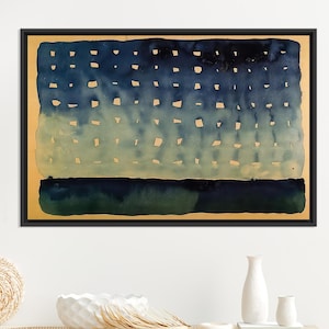 May include: Abstract art print in a black frame. The artwork features a gradient of blue hues with a grid-like pattern of small, irregular openings. A dark blue horizontal band sits at the bottom, set against a gold background.