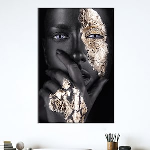 Black and Gold Woman Portrait: Afrocentric Glam Canvas Wall Art
