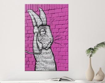 Hare on Phone Canvas Art: Abstract Pink Wall Decor