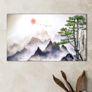 May include: A rectangular canvas print showing a tranquil mountain scene. The artwork features a red sun, silhouetted birds, and a detailed green tree. The mountains are rendered in shades of grey and blue, with a misty atmosphere.