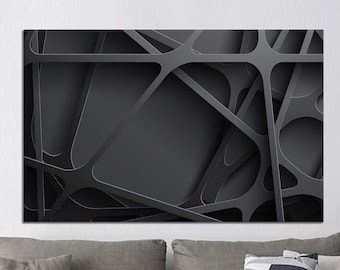 May include: Abstract geometric art print featuring a black and gray design of overlapping lines and shapes.