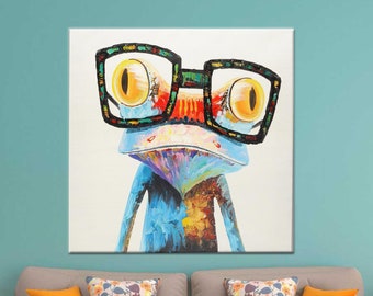 Colorful Frog Wall Art, Frog With Glasses, Fun Animals Canvas, Modern Canvas Art, Colorful Art Decor, Framed Canvas Art, Home Decor Art