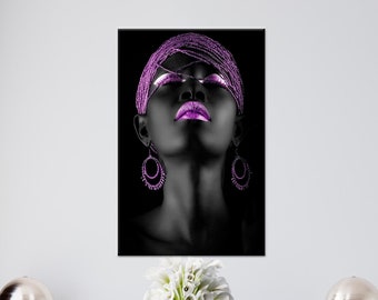 Purple Lip African Woman Canvas Art: Shimmery Wall Decor