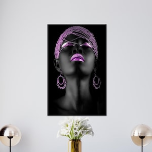 Purple Lip African Woman Canvas Art: Shimmery Wall Decor
