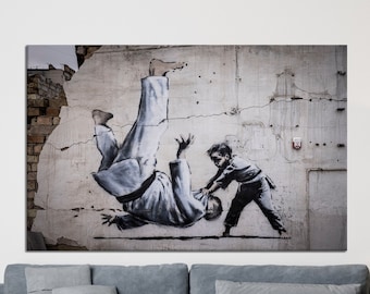 Banksy Judoka, Banksy War Canvas, Ukrainian-Russian War Art, Judoka Graffiti Print, Banksy Boy Wall Art, Canvas Wall Decor, Banksy Graffiti,