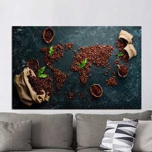 May include: A world map made out of coffee beans on a dark blue background. The map is surrounded by coffee beans, burlap sacks, and other coffee-related items.