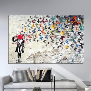 Dzieło sztuki Banksy Girl, sztuka ścienna na płótnie, wydruk Butterfly Girl Suicide, Banksy Head Shot Canvas Art, dekoracja ścienna Butterfly Graffiti, sztuka na płótnie,
