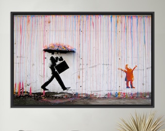 Banksy Colorful Rain Artwork, Under The Rain Canvas Art, Banksy Wall Art, Canvas Wall Decor, Modern Art, Street Artwork Print, Graffiti Art,