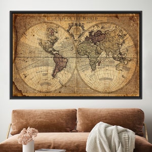 Oude kaart canvas, kaart kunst aan de muur, kantoor muur decor, cadeau voor werkruimte, vintage wereldkaart canvas print, ingelijst canvas, poster, aangepaste muurkunst,