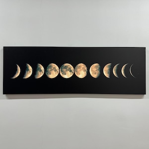Peut inclure: Une impression sur toile noire représentant une série de lunes dans différentes phases, du croissant à la pleine lune, sur un fond sombre.