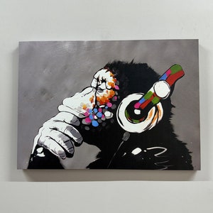 Banksy Affe Leinwandkunst: DJ Gorilla mit Kopfhörern, Leinwand mit Rahmen