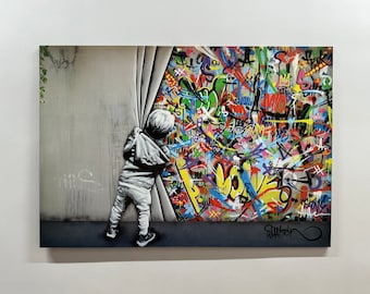 Banksy Behind the Curtain, Banksy Wall Art, Canvas Wall Decor, Banksy Graffiti Art, Home Decor, Modern Wall Art, Living Room Decor,