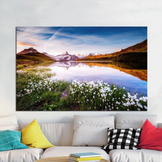Tableau Canvas Paysage Alpes Suisses Avec Lac - Impression Giclée - Plusieurs Tailles - Encadré Prêt à Accrocher