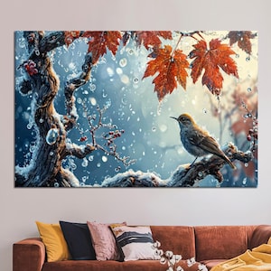 Wassertropfen Poster, Blätter Kunstwerk, personalisierte Baby Geschenk, Vogel Wanddekor, Tier Leinwand Poster, Geschenk für ihn, große Leinwand,