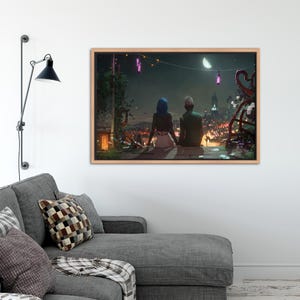 May include: A digital painting of a couple sitting on a rooftop overlooking a city at night. The couple is silhouetted against the cityscape, with a crescent moon and stars in the sky. The painting has a romantic and dreamy feel.