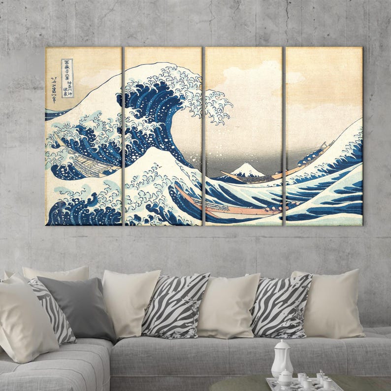 May include: A multi-panel artwork depicting a large ocean wave in shades of blue and white, with a mountain in the background. The artwork is a classic Japanese woodblock print, with boats and text visible.