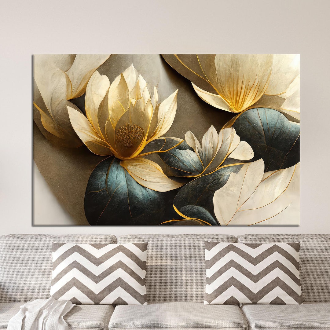 Golden Lotus Flower Canvas Art: Modern Abstract Wall Decor - Etsy