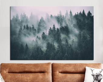 May include: A misty forest scene with tall, dark green trees. The fog creates a sense of mystery and depth in the image.