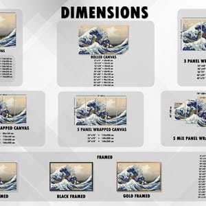 May include: A chart showing different sizes and framing options for a canvas print of the Great Wave off Kanagawa by Hokusai. The print is available in wrapped canvas, rolled canvas, and framed options. The sizes are listed in inches and centimeters.