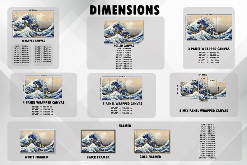 May include: A chart showing different sizes and framing options for a canvas print of the Great Wave off Kanagawa by Hokusai. The print is available in wrapped canvas, rolled canvas, and framed options. The sizes are listed in inches and centimeters.