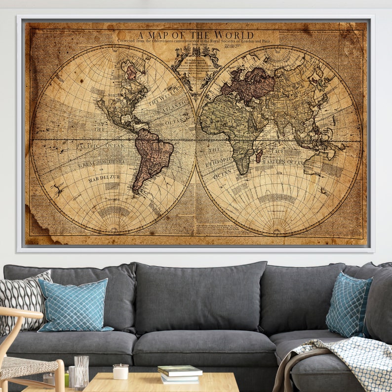Vintage World Map Canvas Print: Framed Office Wall Art - Etsy