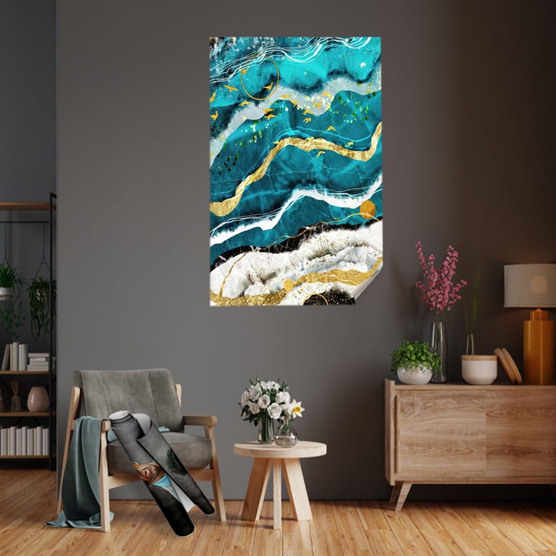 Shimmery Wall Decor, Modern Canvas Poster, Blue and Gold Marble Canvas