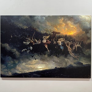 May include: A painting depicting a scene from Norse mythology, with figures riding on horseback through a stormy sky. The figures are surrounded by dark clouds and ravens, and a fiery sunset is visible in the background.