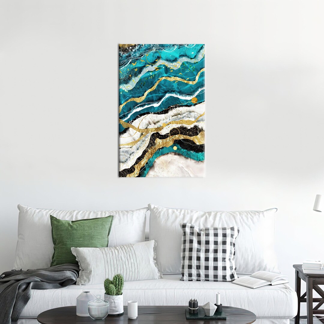 Shimmery Wall Decor, Modern Canvas Poster, Blue and Gold Marble Canvas