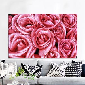 Arte de pared con rosas, lienzo con rosas rosas, póster con flores rosas, arte moderno en lienzo, póster de moda, decoración de pared de lujo, arte floral para pared