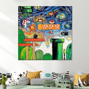Starry Night Mario Canvas Art: Van Gogh Style, Modern Wall Decor