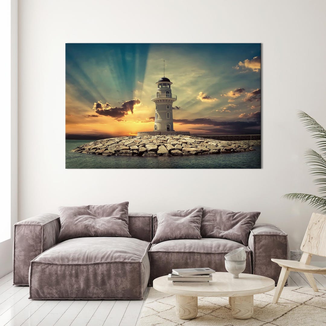 Lighthouse Sunset Canvas Print: Coastal Minimalist Wall Art - Etsy