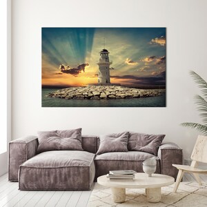 Landschaftsbild, Sonnenuntergang, Leuchtturm am Meer, Geschenk für Ihn, Sonnenuntergang, Leuchtturm am Meer, minimalistisches Wandbild,