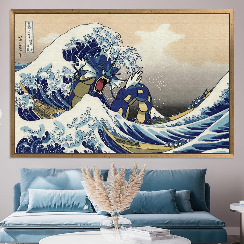 May include: A blue and yellow Pokemon, resembling a dragon, emerges from a large, blue wave. The wave is depicted in a traditional Japanese woodblock print style, similar to "The Great Wave off Kanagawa".