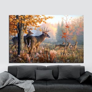 May include: A painting of a group of white-tailed deer in a forest setting. The deer are standing in a clearing, surrounded by trees and bushes. The deer are all looking in different directions, and the light is shining through the trees, creating a warm and inviting atmosphere.