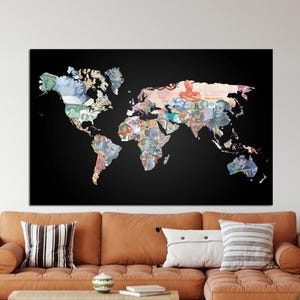 Mapa del mundo con dinero, arte decorativo para la oficina, arte mural en lienzo, póster de mapas, póster de mapas de dinero, arte moderno en lienzo, arte mural decorativo para el hogar, póster