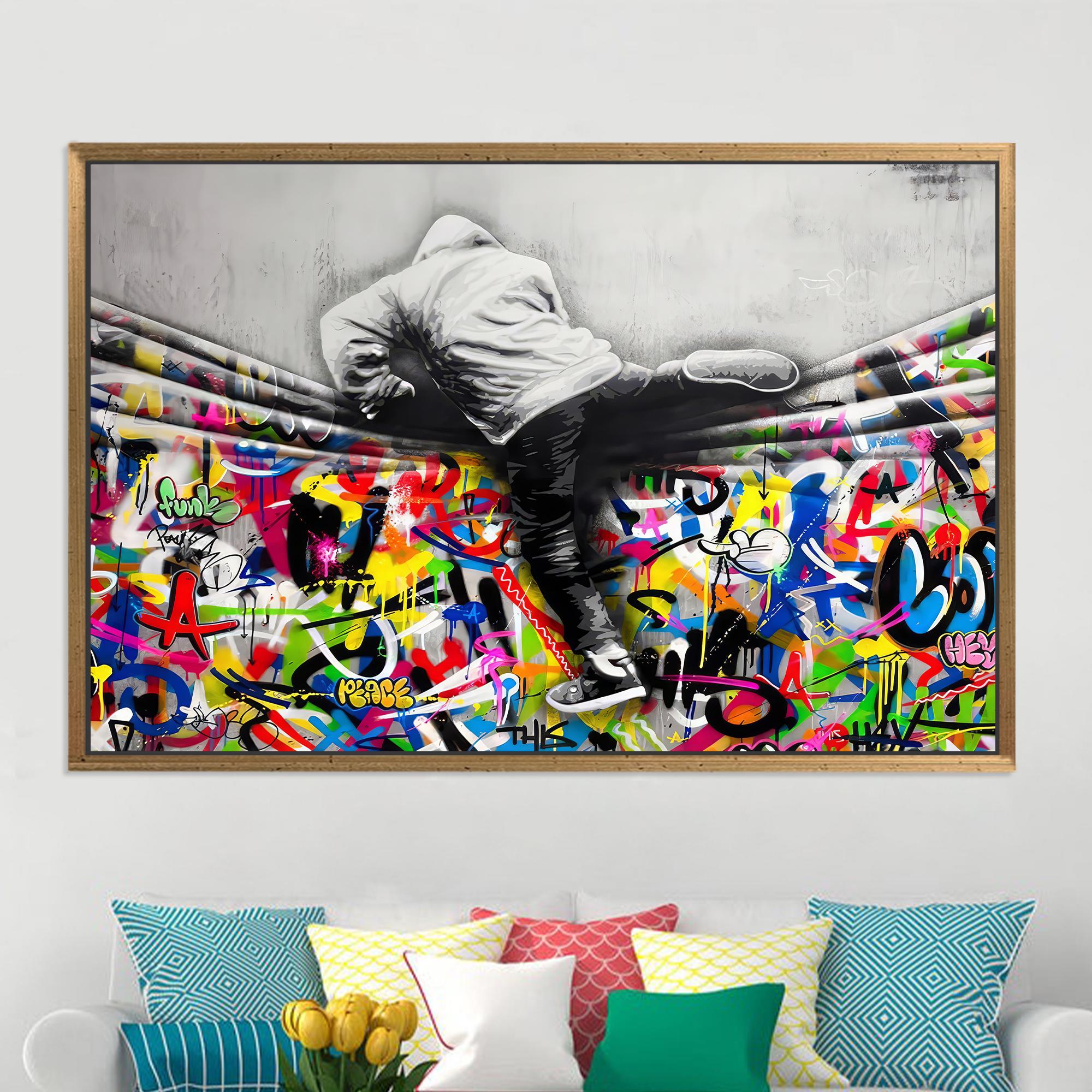 Banksy – Toile murale murale Love is The Answer – Peinture graffiti petit garçon et fille – Œuvre d'art moderne encadrée facile à accrocher – 40,6 x
