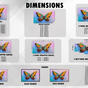 May include: A vibrant butterfly painting in shades of blue, yellow, and orange is displayed on various canvas options. The image showcases wrapped, rolled, and framed canvas art, including multi-panel designs. Dimensions are provided for each style.