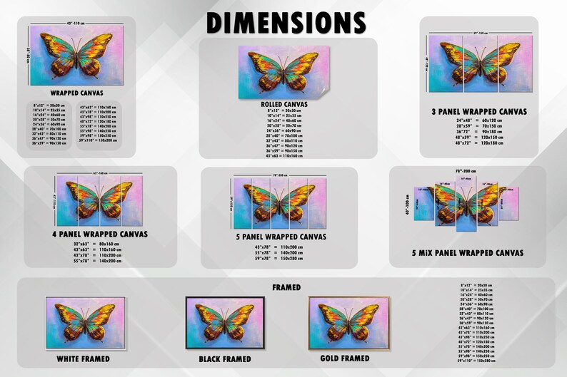May include: A vibrant butterfly painting in shades of blue, yellow, and orange is displayed on various canvas options. The image showcases wrapped, rolled, and framed canvas art, including multi-panel designs. Dimensions are provided for each style.
